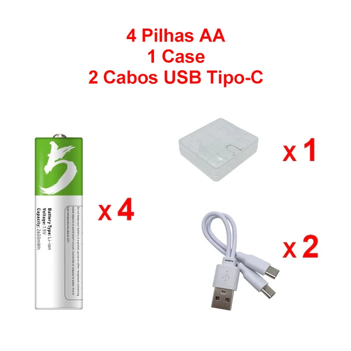 Rechargeable AA Batteries 2600 mWh | USB | 1,200 recharges + Charging cable