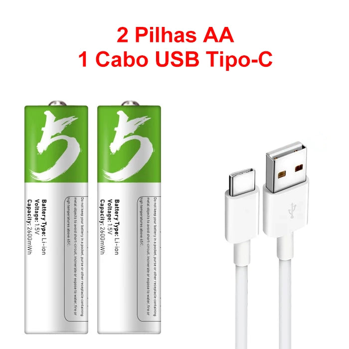 Rechargeable AA Batteries 2600 mWh | USB | 1,200 recharges + Charging cable