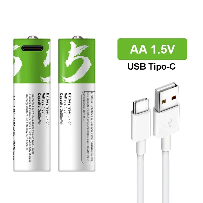 Rechargeable AA Batteries 2600 mWh | USB | 1,200 recharges + Charging cable